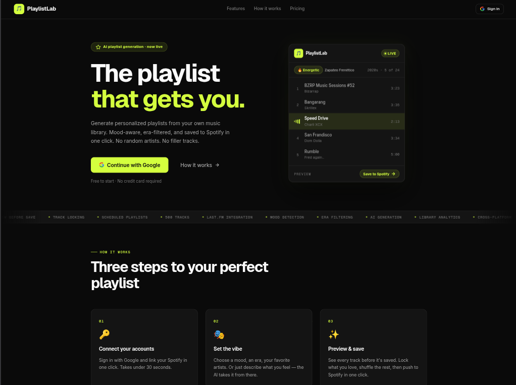 PlaylistLab landing page — hero section with the value proposition and a sample playlist preview.