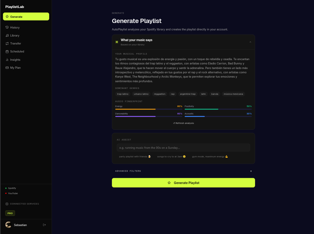 PlaylistLab generate dashboard — musical profile analysis with mood tags, audio fingerprint and AI prompt input.